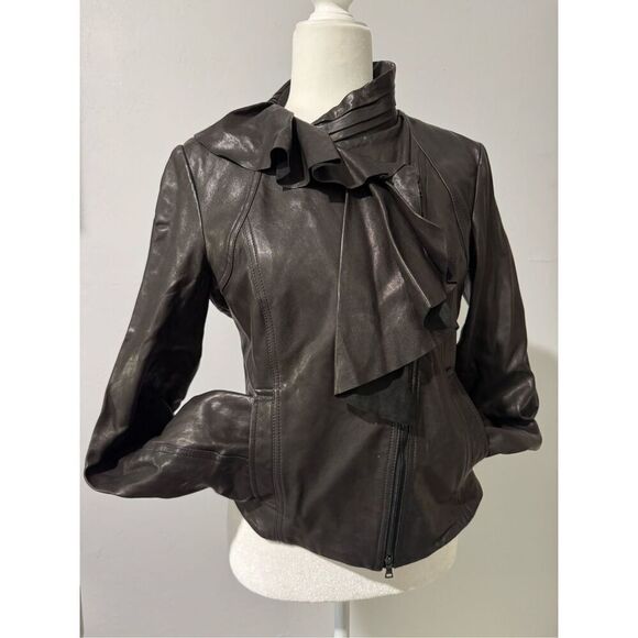 Diane Von Furstenburg 100% Leather Ruffle moto jacket 10 - Picture 3 of 13